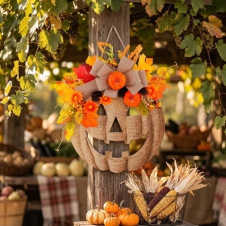 Halloween Wooden Pumpkin Door Sign with Artificial Flowers - Autumn Front Door Hanging Decoration
