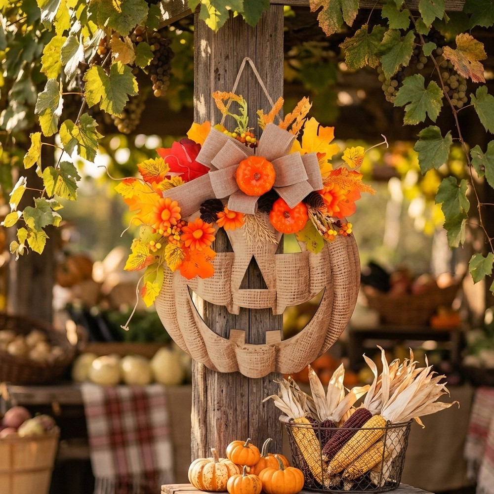 Halloween Wooden Pumpkin Door Sign with Artificial Flowers - Autumn Front Door Hanging Decoration