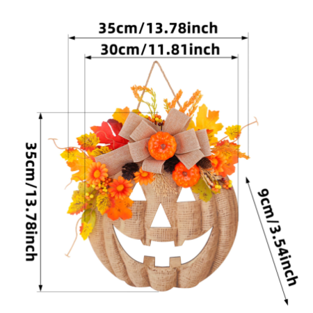 Halloween Wooden Pumpkin Door Sign with Artificial Flowers - Autumn Front Door Hanging Decoration