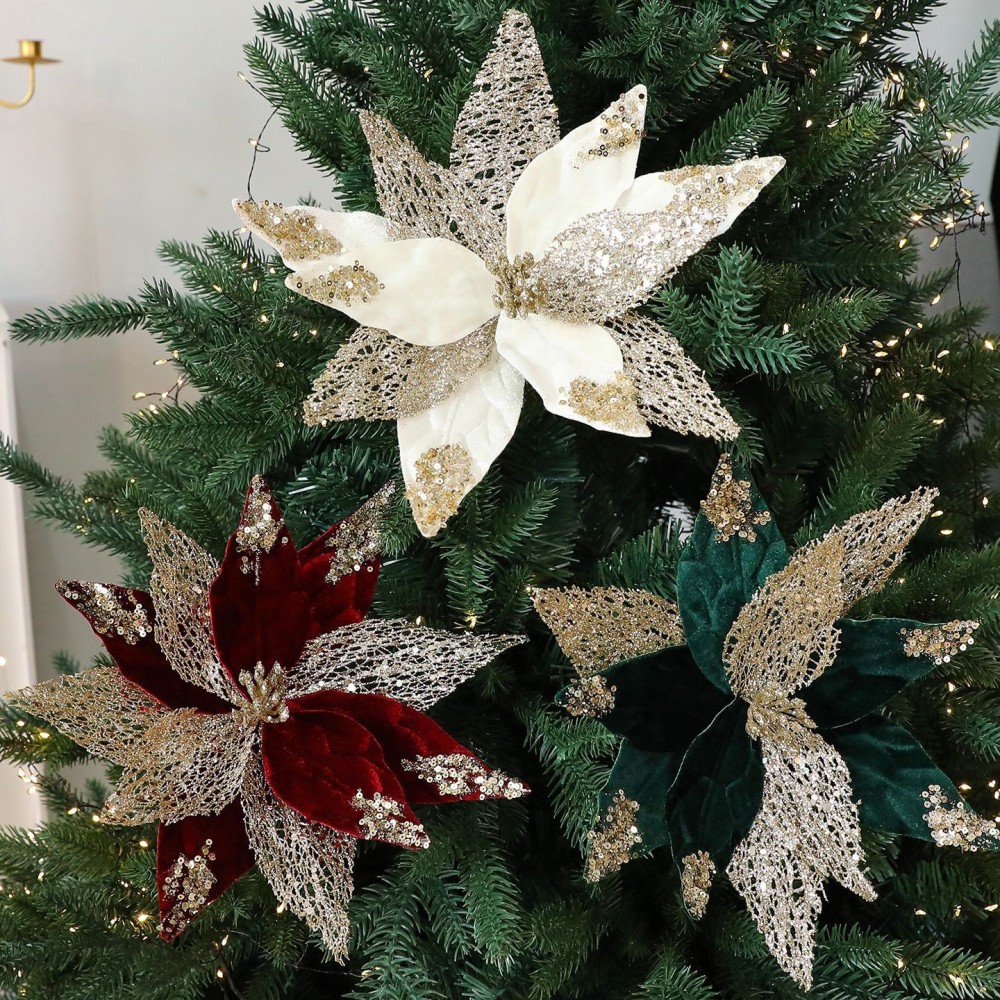 Shiny Sequin Artificial Christmas Flower - Diy Wreath & Tree Decoration