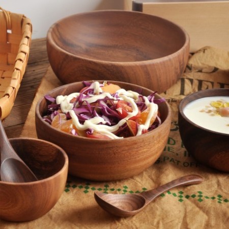 Solid Wood Shallow Serving Bowl - Multipurpose Salad, Fruit & Dessert Tableware