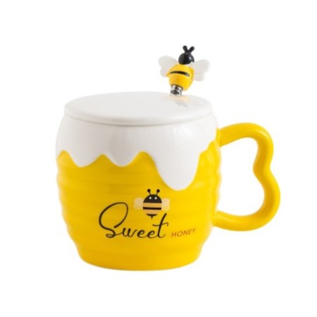 Cartoon Bee Ceramic Coffee Mug with Lid – Cute Office Drinkware