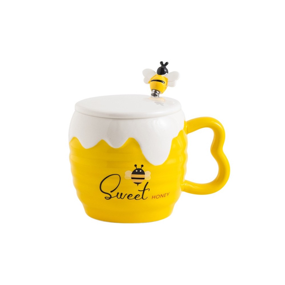 Cartoon Bee Ceramic Coffee Mug with Lid – Cute Office Drinkware