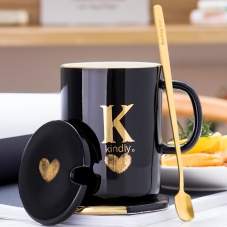 400ml Black Ceramic Coffee Mug – Gold Fingerprint Design with Lid & Spoon
