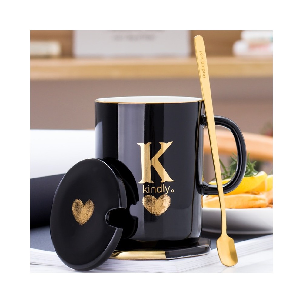 400ml Black Ceramic Coffee Mug – Gold Fingerprint Design with Lid & Spoon