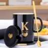 400ml Black Ceramic Coffee Mug – Gold Fingerprint Design with Lid & Spoon