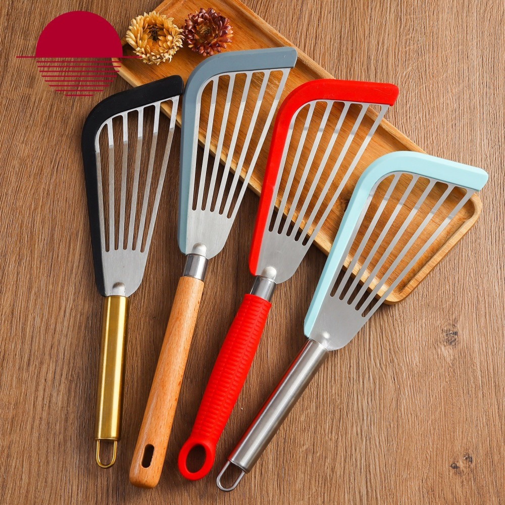 Stainless Steel & Silicone Fish Spatula – Wooden Handle Slotted Cooking Turner