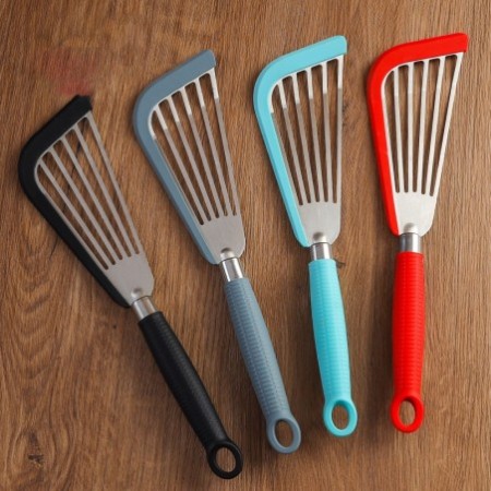 Stainless Steel & Silicone Fish Spatula – Wooden Handle Slotted Cooking Turner