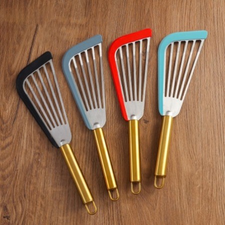 Stainless Steel & Silicone Fish Spatula – Wooden Handle Slotted Cooking Turner
