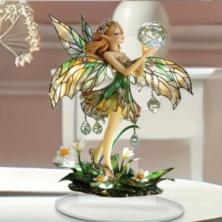White Crystal Fairy Acrylic Ornament – Elegant Desktop Decor & Birthday Gift